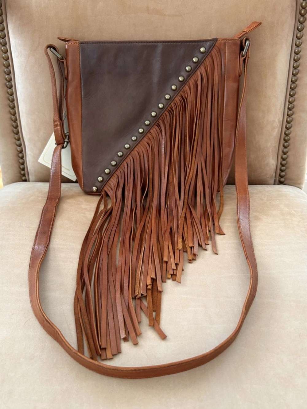 Scully Two Toned Brown Leather Studded Fringe Adjustable Crossbody Bag NWT